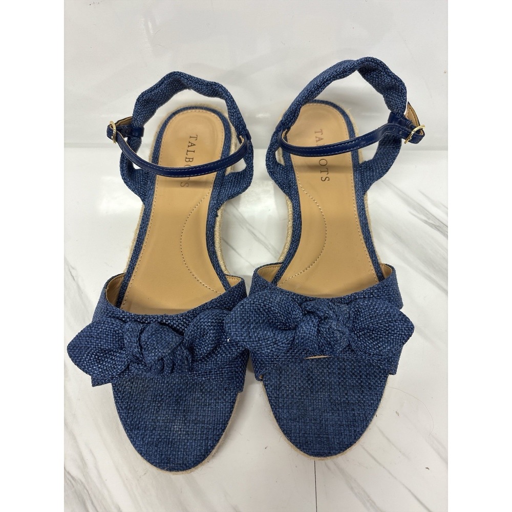 Talbots Pamela Knotted Espadrille Wedge Sandals 9M Blue Denim Bows EUC - Picture 2 of 7